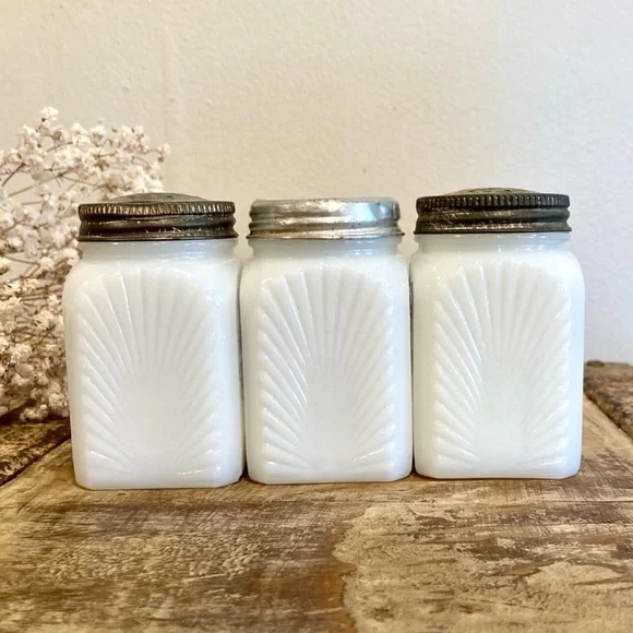 1940s Vintage Milk Glass Salt, Pepper, & Sugar Shakers Dutch Boy Girl Spice Jars - Picture 3 of 13
